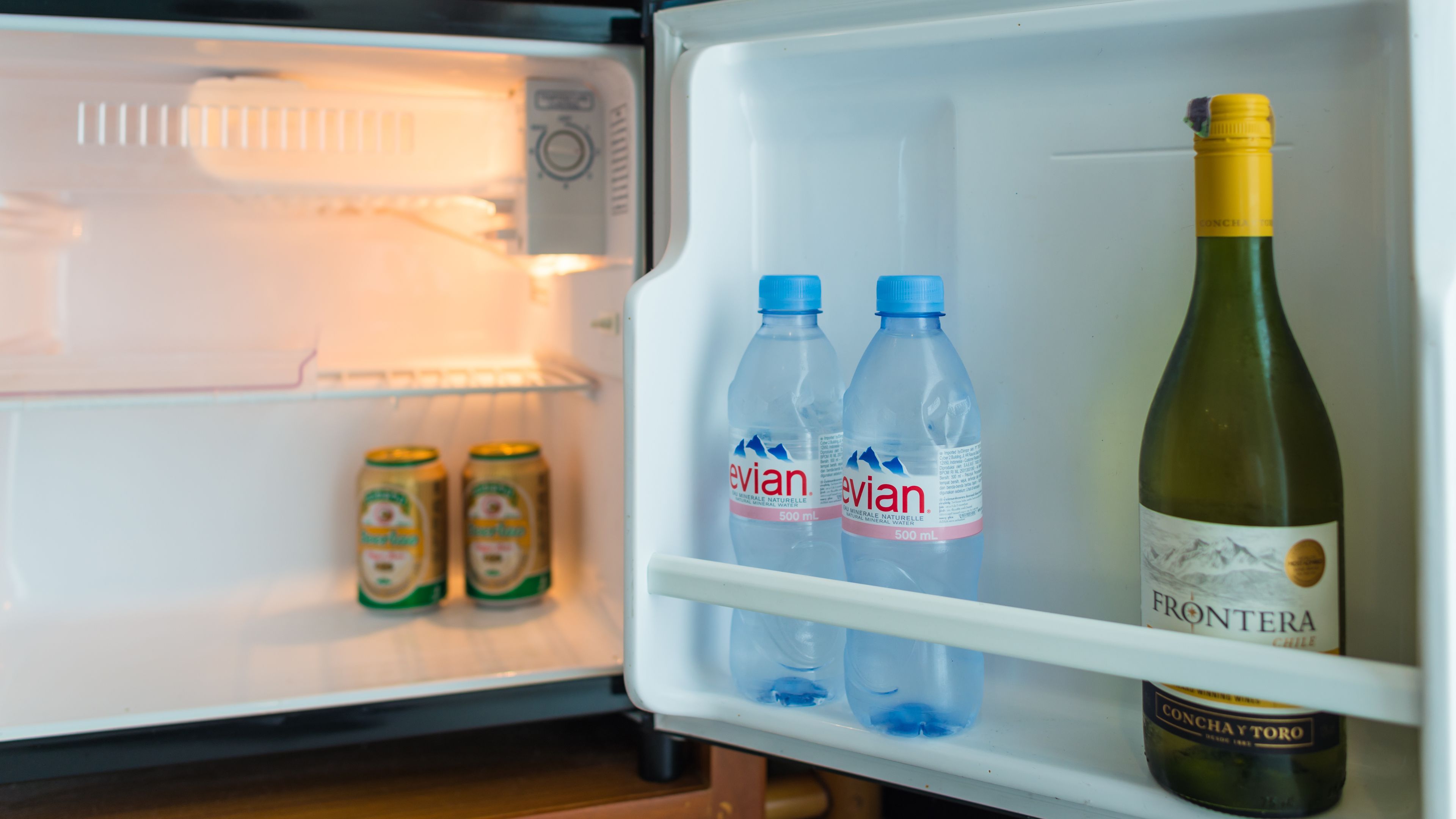 An open refrigerator with two Evian water bottles and a bottle of Conchata Torro wine.
