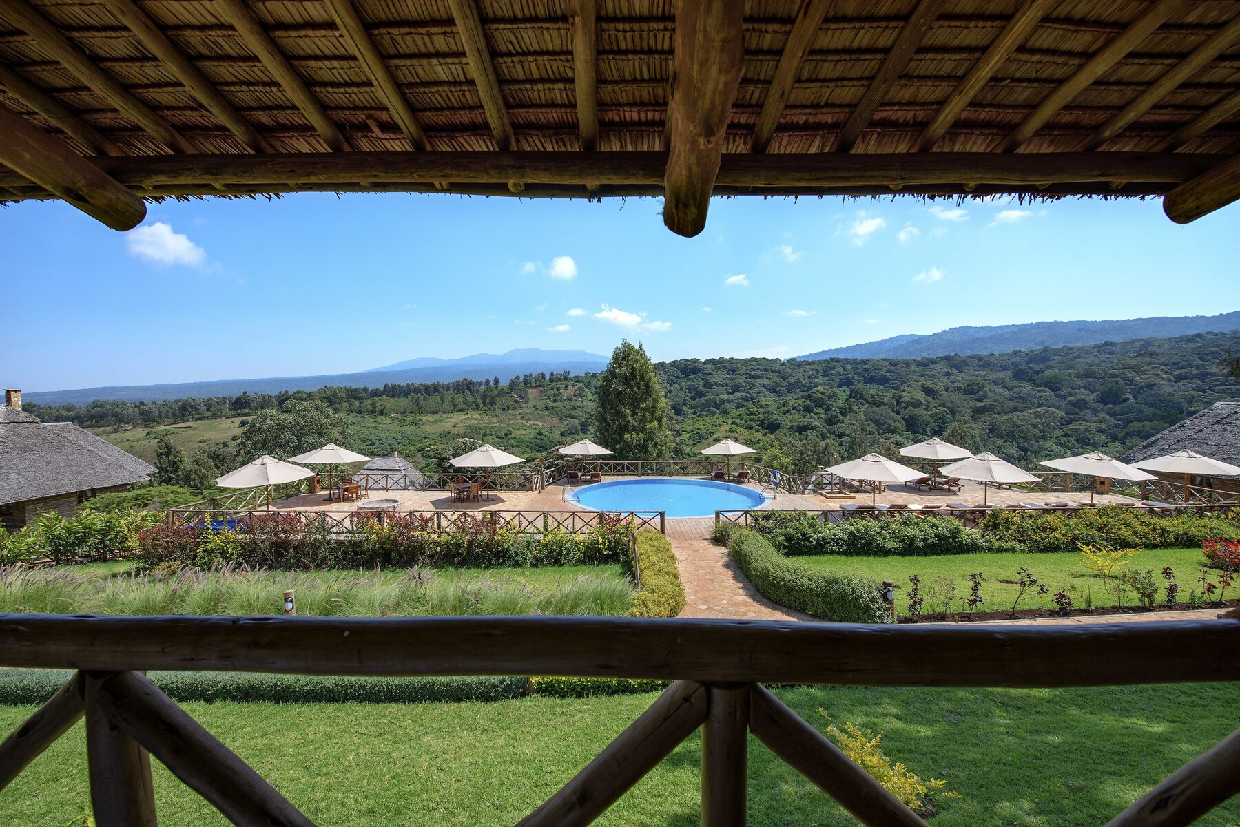 Outdoor pool, pool umbrellas, pool loungers
