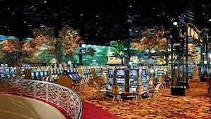 Interior de un casino con máquinas tragamonedas, sillas y una estructura decorativa en forma de árbol.