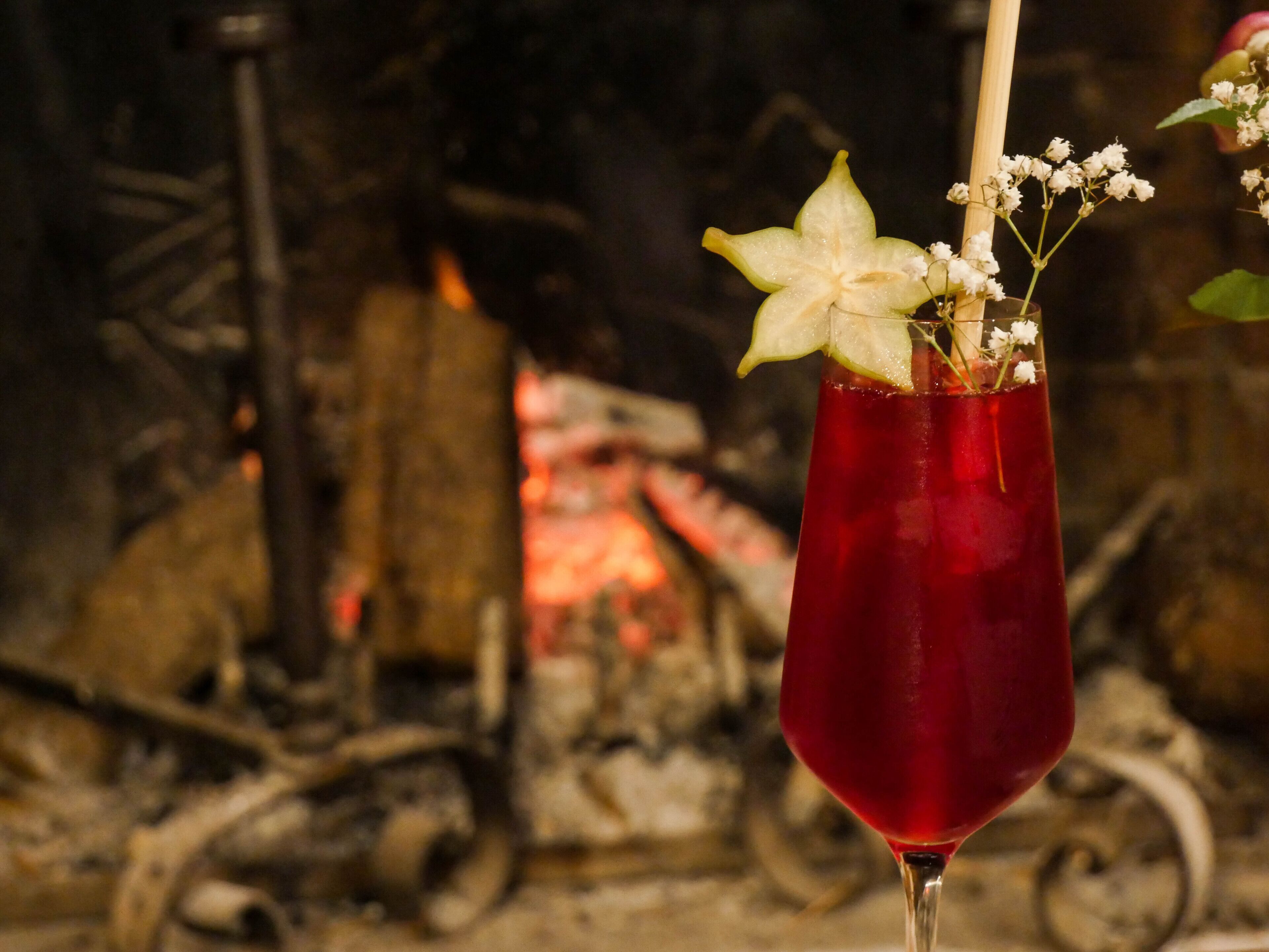 Un grand verre contenant une boisson rouge, agrémenté d’une fleur et d’une tranche de pomme, placé devant un arrière-plan flou où l’on aperçoit une cheminée.