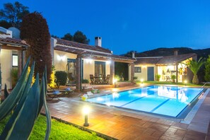 Outdoor pool, pool umbrellas, pool loungers