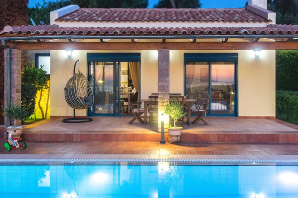 Outdoor pool, pool umbrellas, pool loungers