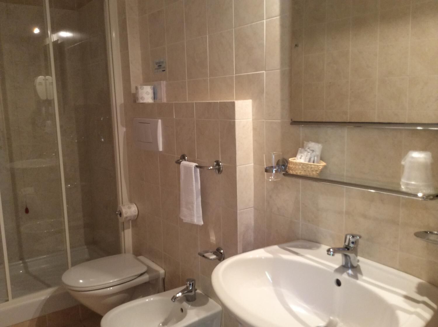 free toiletries, hair dryer, bidet, towels