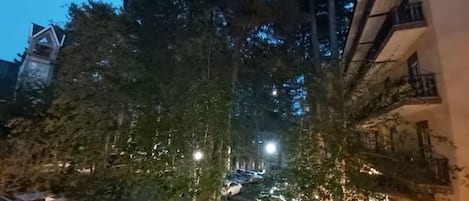 A courtyard with trees, a street in the background, and buildings with balconies.