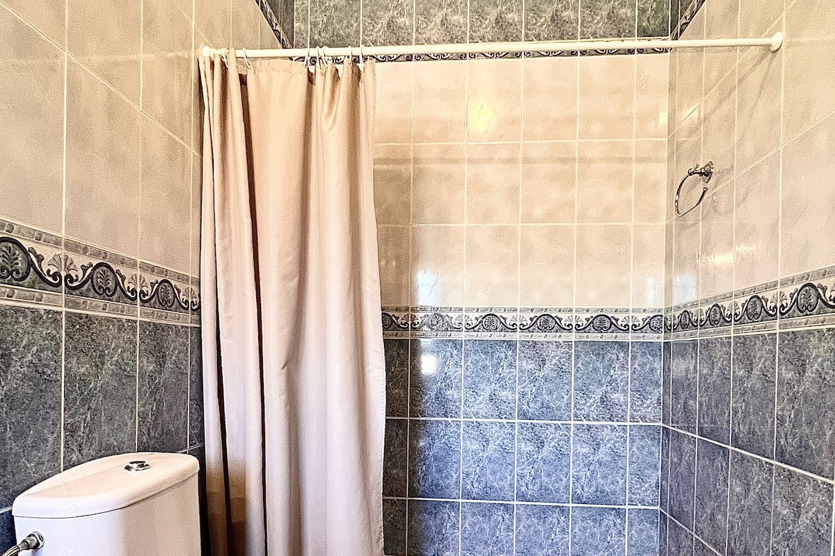 A bathroom with a toilet, shower, and bathtub.