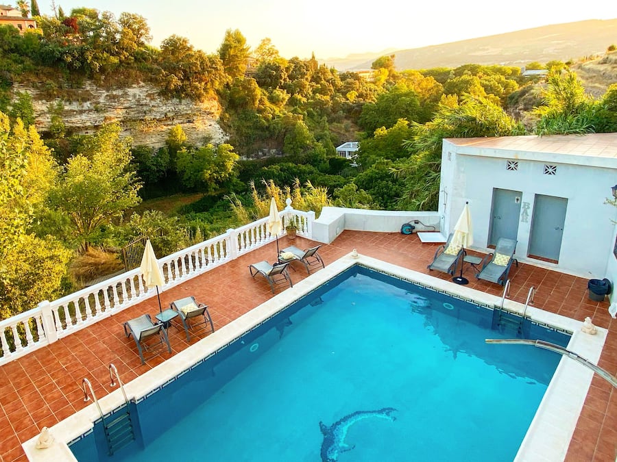 Outdoor pool, pool umbrellas, pool loungers