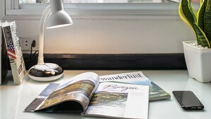 A desk with a lamp, a plant, a magazine, and a smartphone.