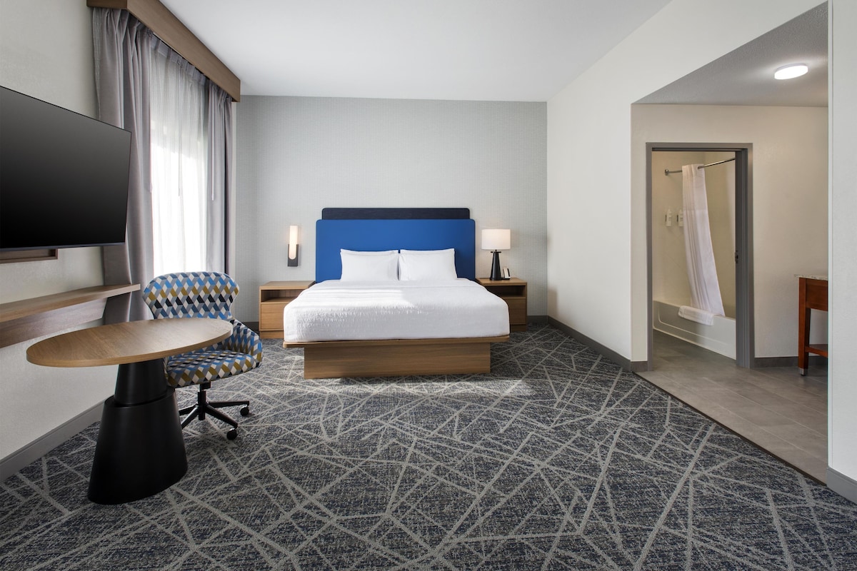 A hotel room with a bed, a chair, a TV, a desk, and a shower area.