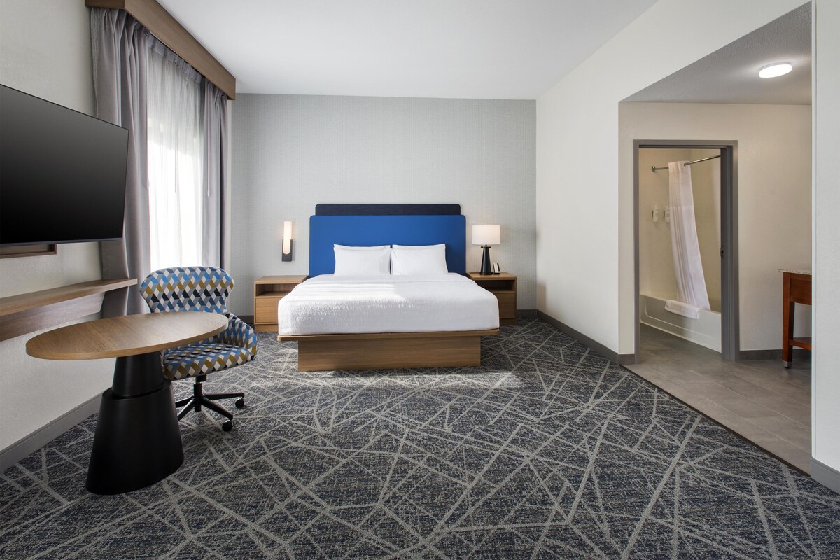 A hotel room with a bed, a chair, a TV, a desk, and a shower area.