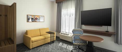 Une chambre d’hôtel avec un canapé, un fauteuil, une télévision, un tableau et une fenêtre avec des rideaux.