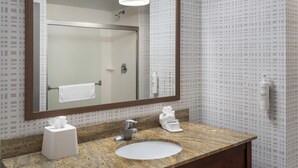 A bathroom with a granite countertop, a white sink, a mirror, and a towel rack. - Hampton Inn and Suites New Hartford/Utica (New Hartford)
