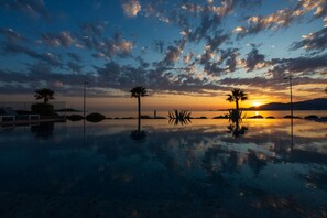 An infinity pool with palm trees and a sunset view. - Radisson Blu Resort & Spa Ajaccio Bay (Albitreccia)