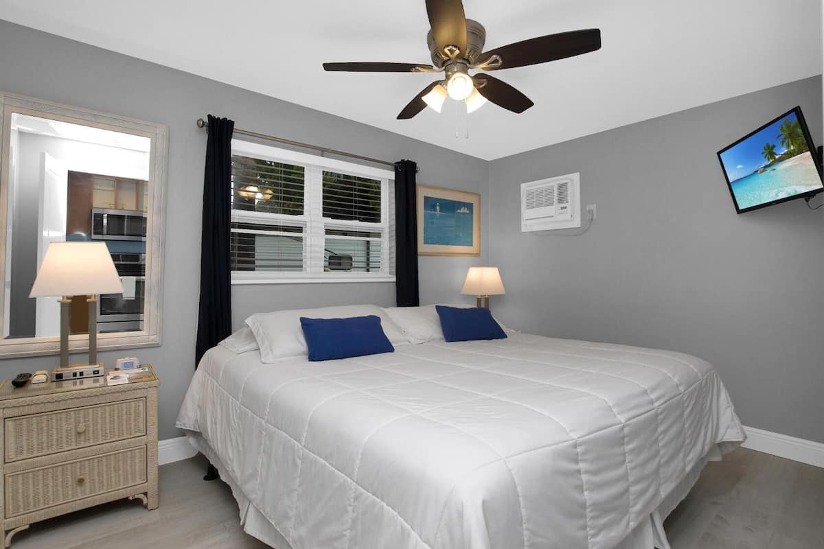 A bedroom with a bed, a ceiling fan, a TV, a window with curtains, and a bedside table with a lamp.