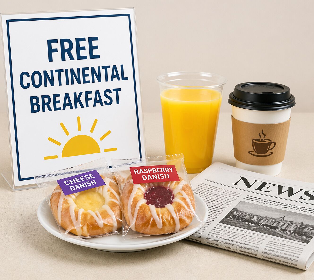 A breakfast setup with a sign, a glass of orange juice, a coffee cup, and two pastries labeled 'Cheese Danish' and 'Raspberry Danish' on a plate.