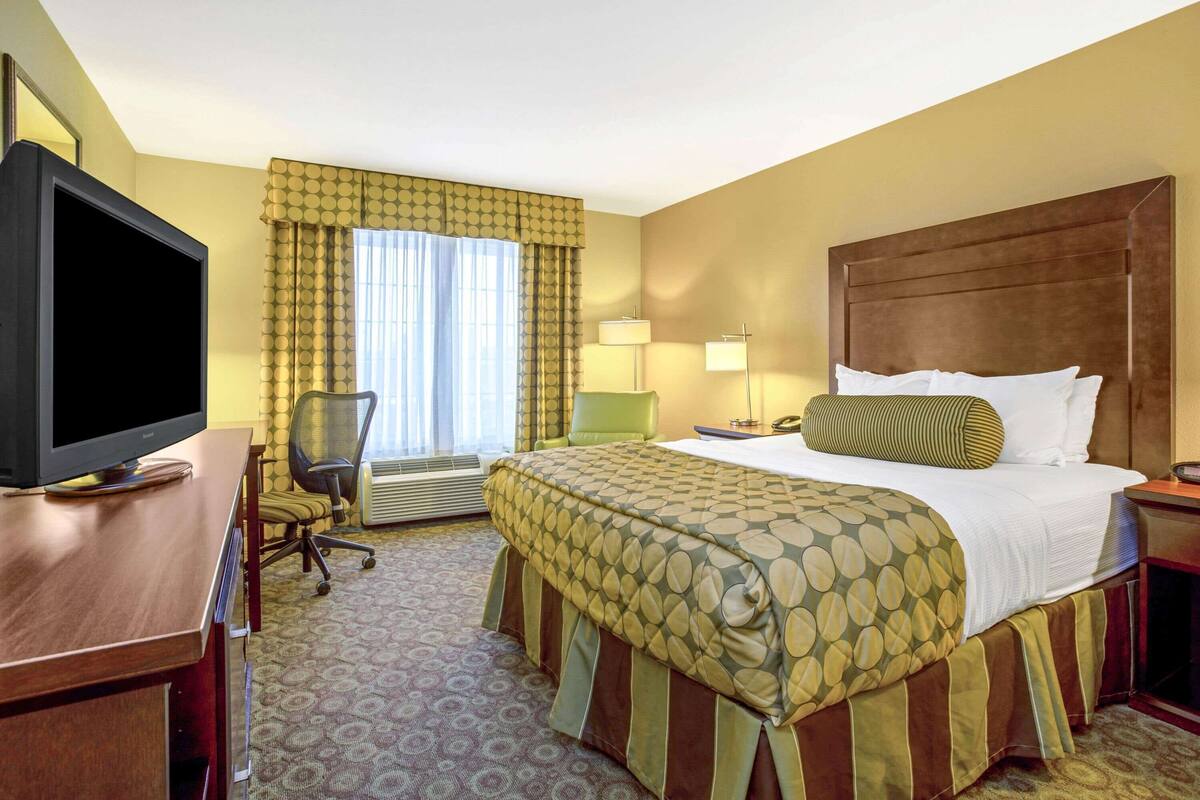 A hotel room with a bed, a desk with a television, a chair, a lamp, and a window with curtains.