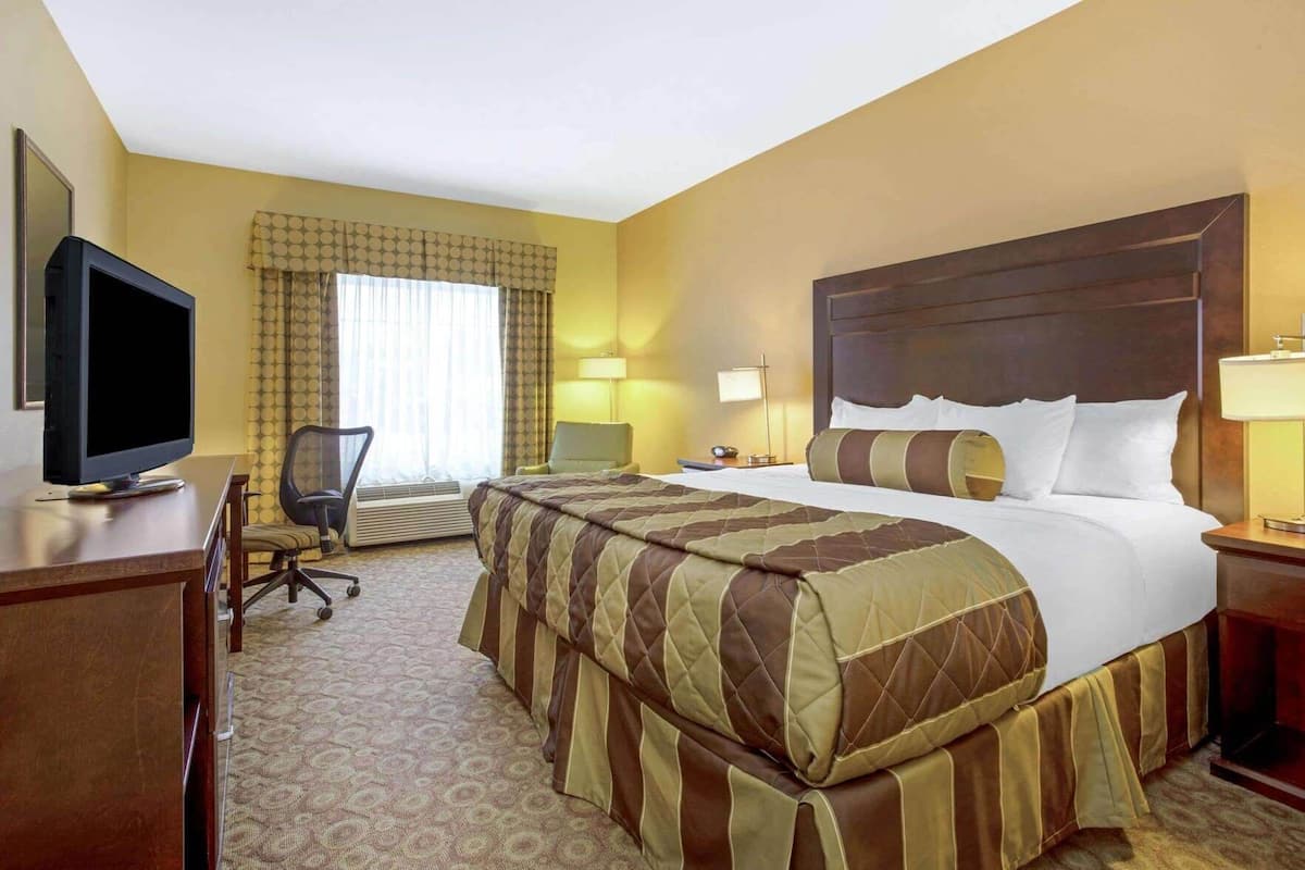 A hotel room with a bed, a desk with a television, a chair, a lamp, and a window with curtains.
