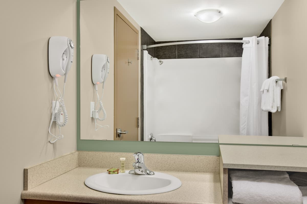 combined shower/bathtub, hair dryer, towels