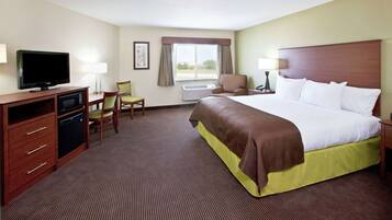 Desk, laptop workspace, blackout curtains, iron/ironing board