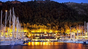 Un puerto deportivo con varias embarcaciones amarradas, un edificio con ventanas iluminadas y una ladera boscosa al fondo.