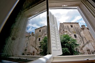 Une vue à travers la fenêtre d’un vieux bâtiment doté de nombreuses fenêtres, avec un arbre devant.
