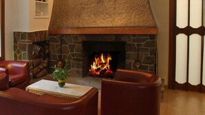 A stone fireplace with a fire, surrounded by leather sofas and a small table with a plant. - Sol Park (Sant Julia de Loria)