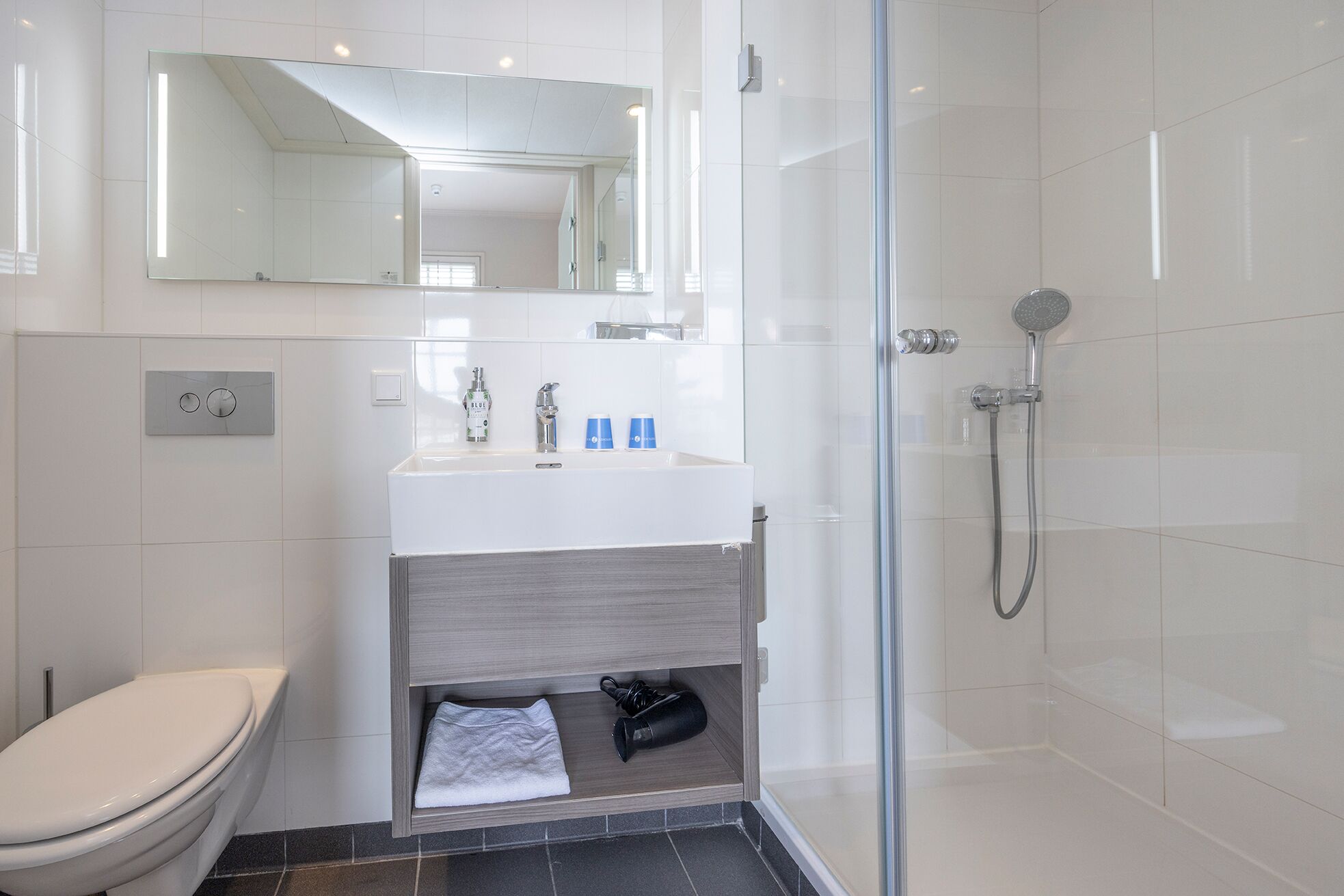 Un baño moderno con cabina de ducha de vidrio, un lavabo blanco con espejo superior y un inodoro a la izquierda.