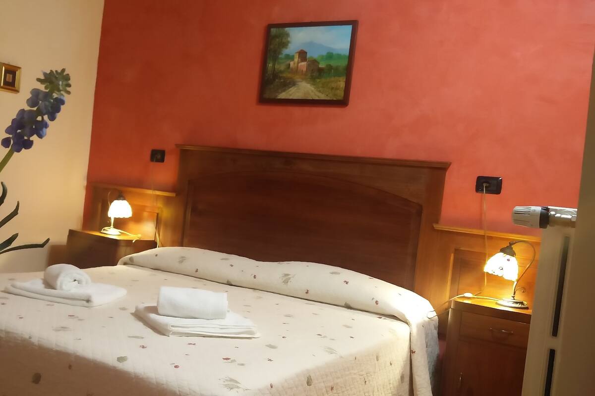 Una habitación de hotel con una cama, dos lámparas de noche, una mesita de noche, un jarrón con flores y un cuadro en la pared.