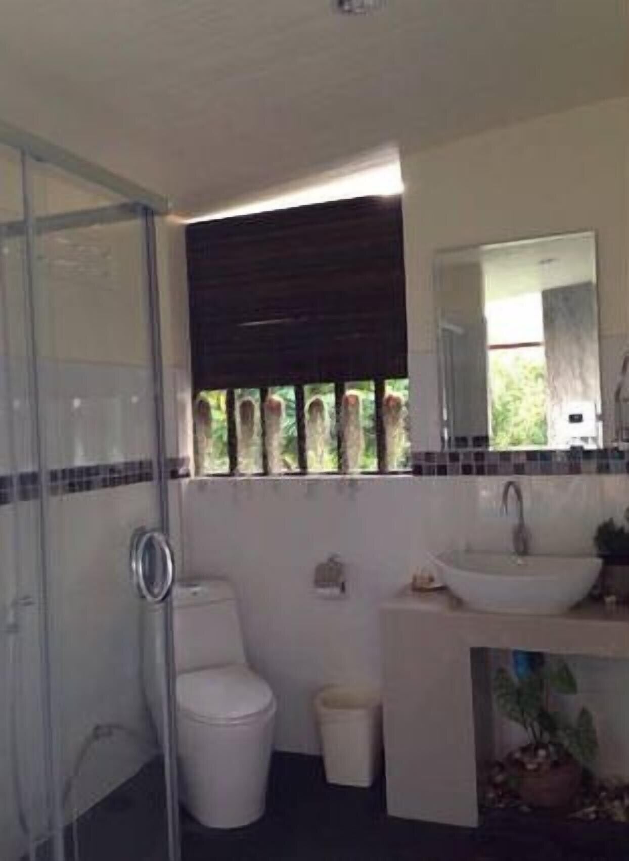 Une salle de bain avec une douche à parois de verre, des toilettes, un lavabo et une petite poubelle.