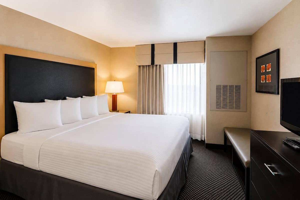 Une chambre d’hôtel avec un grand lit, un bureau avec une télévision, une lampe et une fenêtre avec des rideaux.