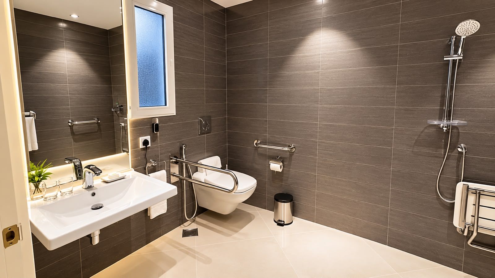 Een moderne badkamer met een witte wastafel, toilet en douche.