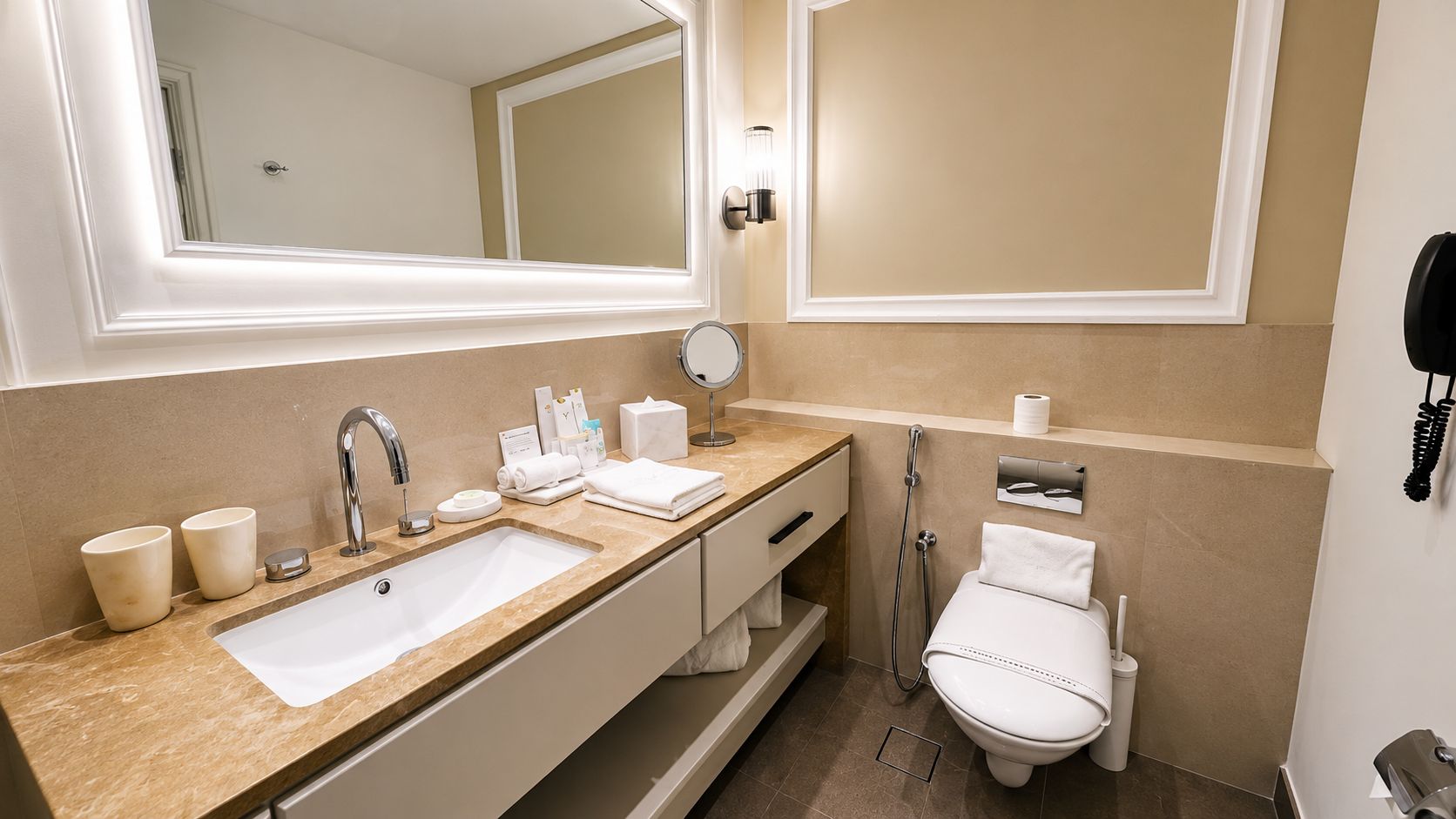 A modern bathroom with a double sink, a toilet, and a shower.