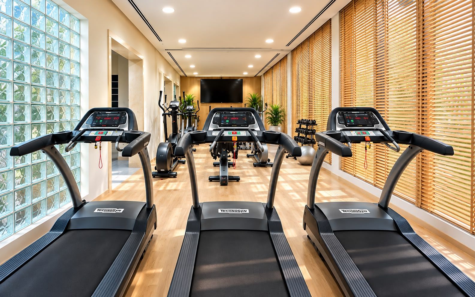 A gym with treadmills, exercise equipment, and large windows.