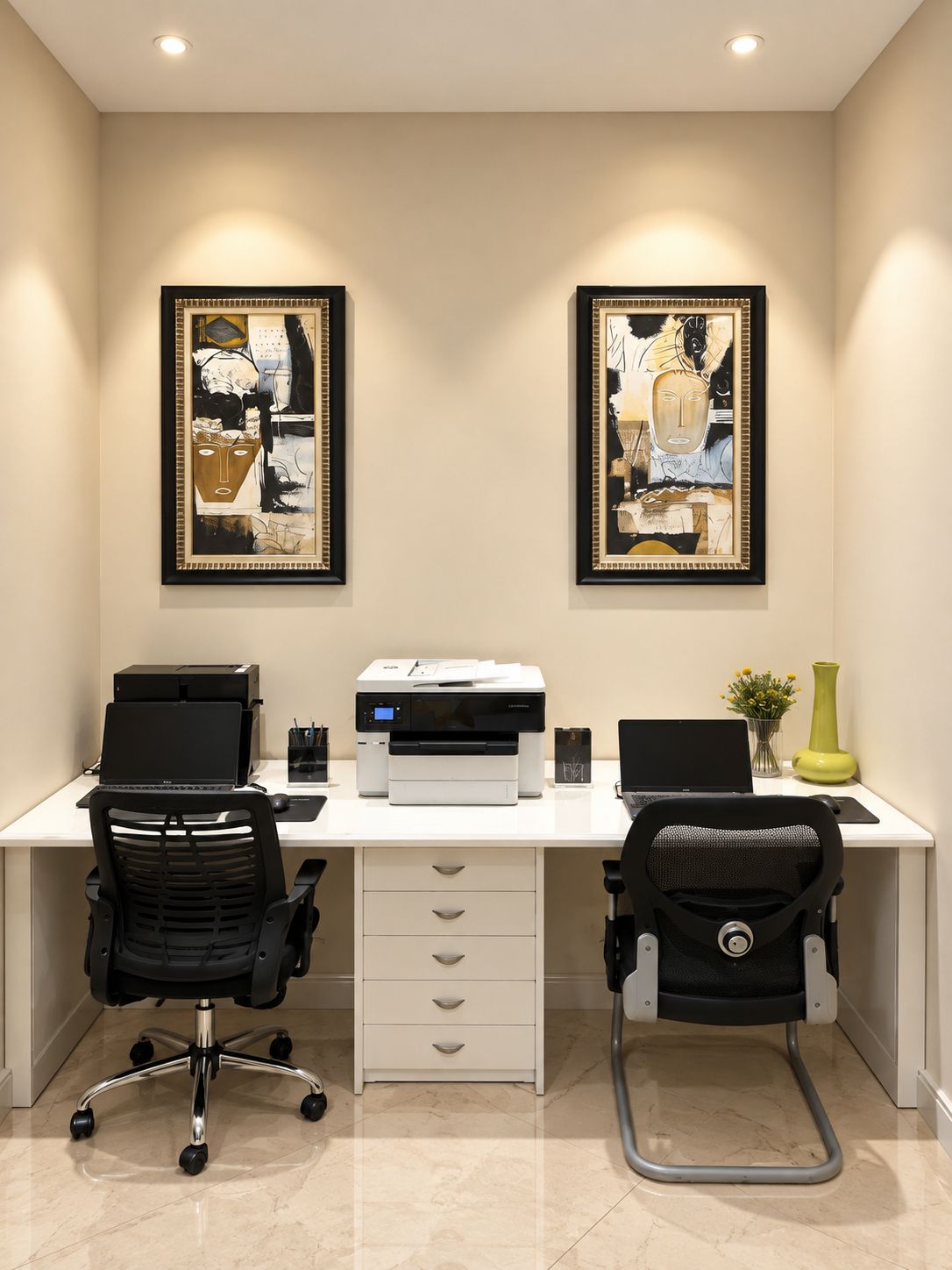 A modern office desk with two chairs, a printer, and two framed abstract paintings on the wall.
