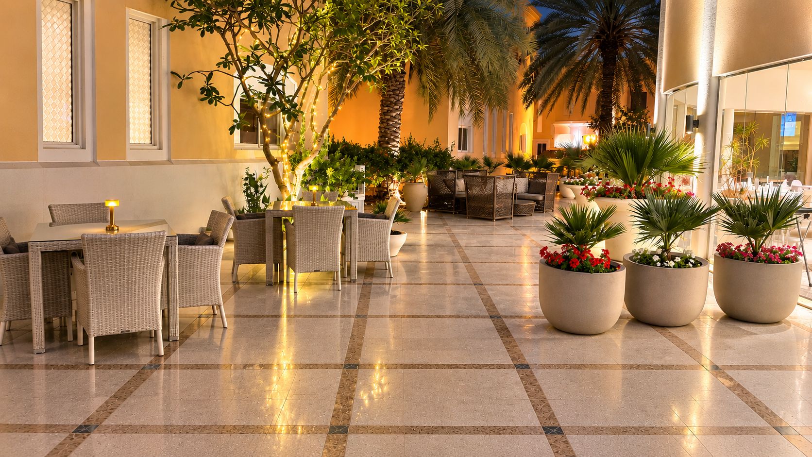 An indoor lobby with a checkered floor, wicker furniture, and potted plants.