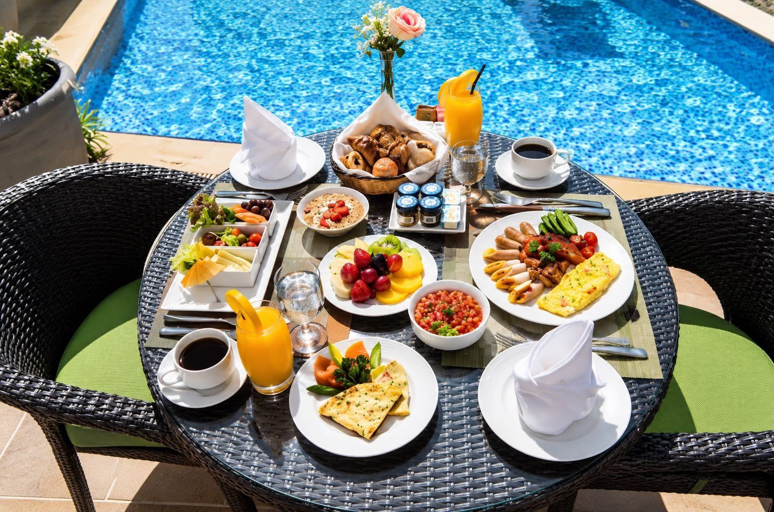 Ein Esstisch mit Frühstücksangeboten, ein Pool im Hintergrund und Sitzgelegenheiten im Freien.