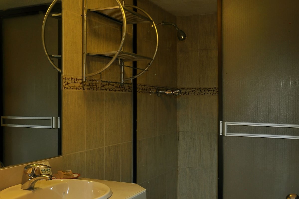 rainfall showerhead, free toiletries, hair dryer, towels