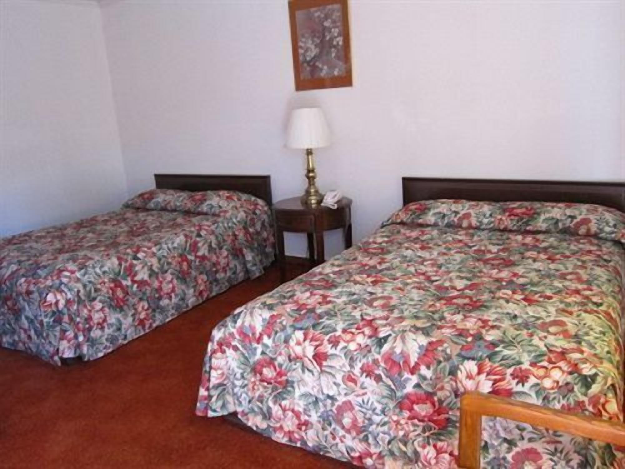 A room with two single beds, each with floral bedding, a bedside table with a lamp, and a framed picture on the wall.