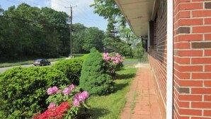 A brick building with a paved walkway and a well-maintained garden with pink flowers. - Cadet Motel (Cornwall)