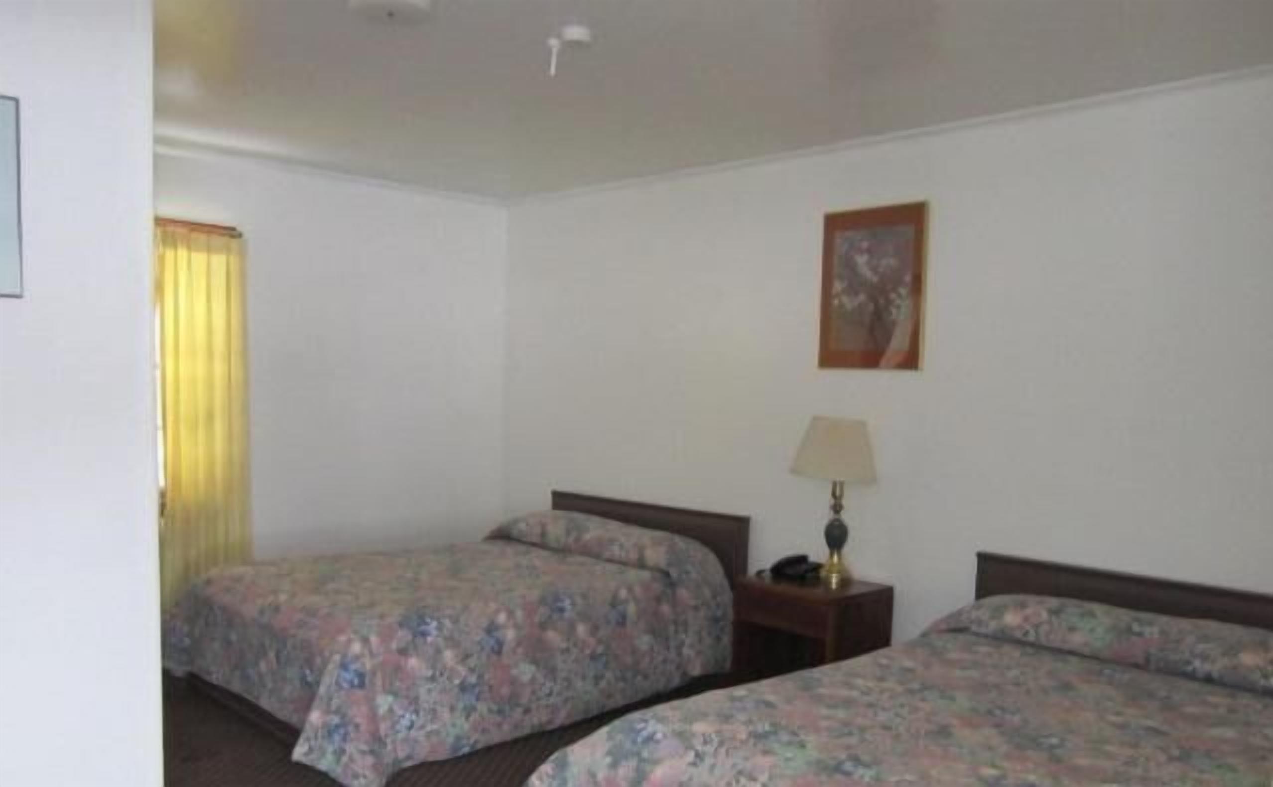 Une chambre avec deux lits, une table de chevet avec une lampe, un tableau encadré au mur et une fenêtre avec des rideaux.