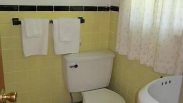 Een badkamer met toilet, wastafel en douchegordijn.