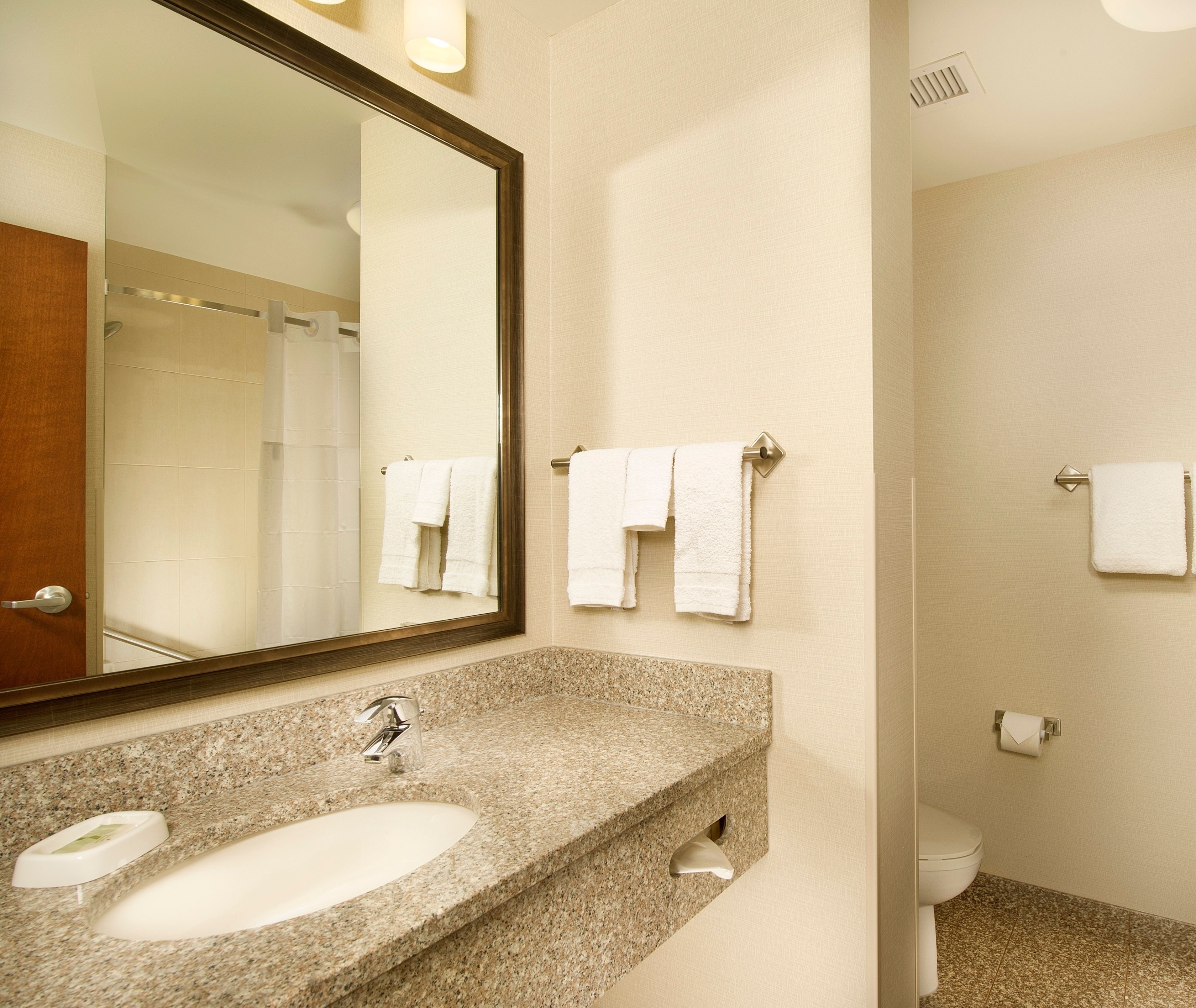 combined shower/bathtub, free toiletries, hair dryer, towels