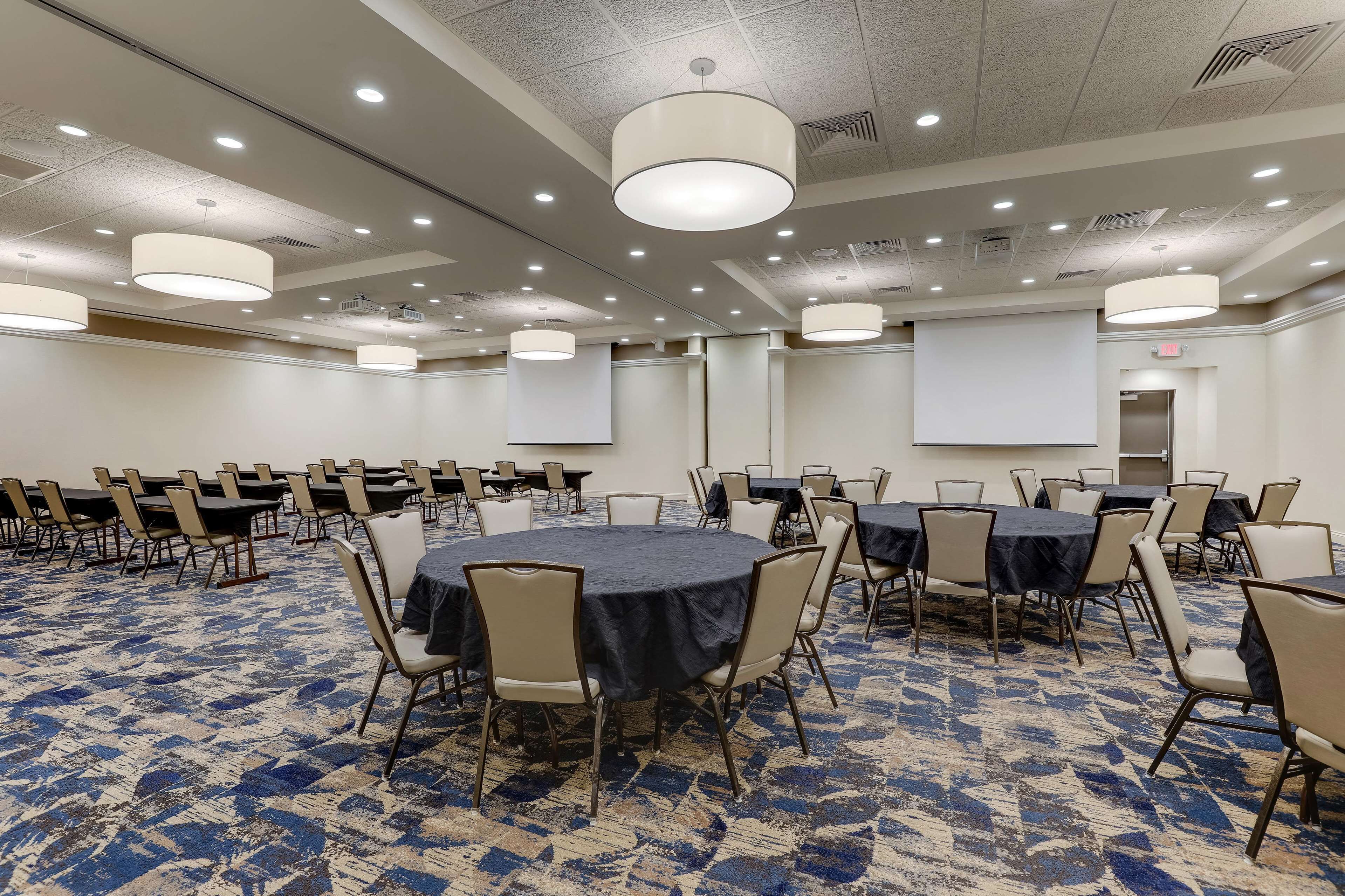 A conference room with round tables, chairs, and a carpeted floor.