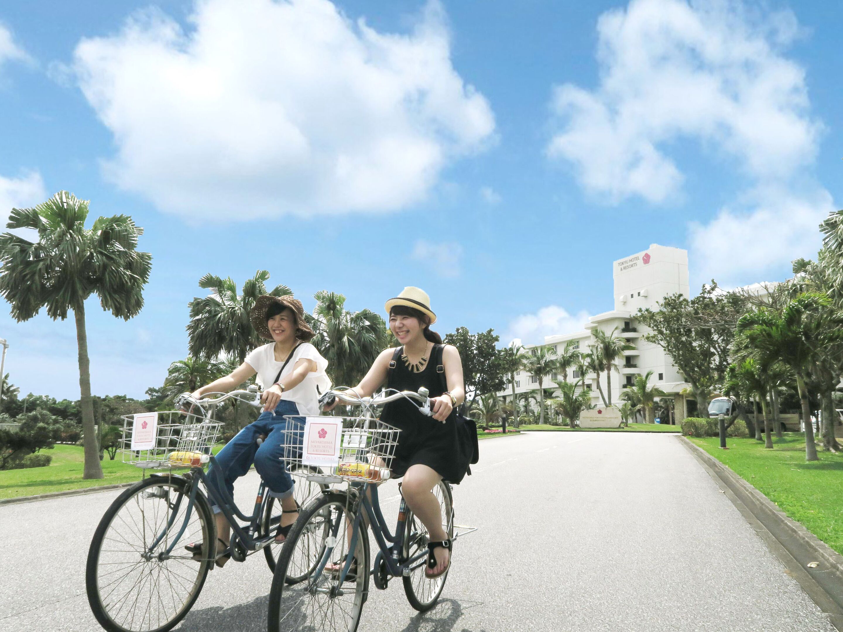 Dos personas montando en bicicleta por un camino pavimentado, con palmeras y un edificio al fondo.