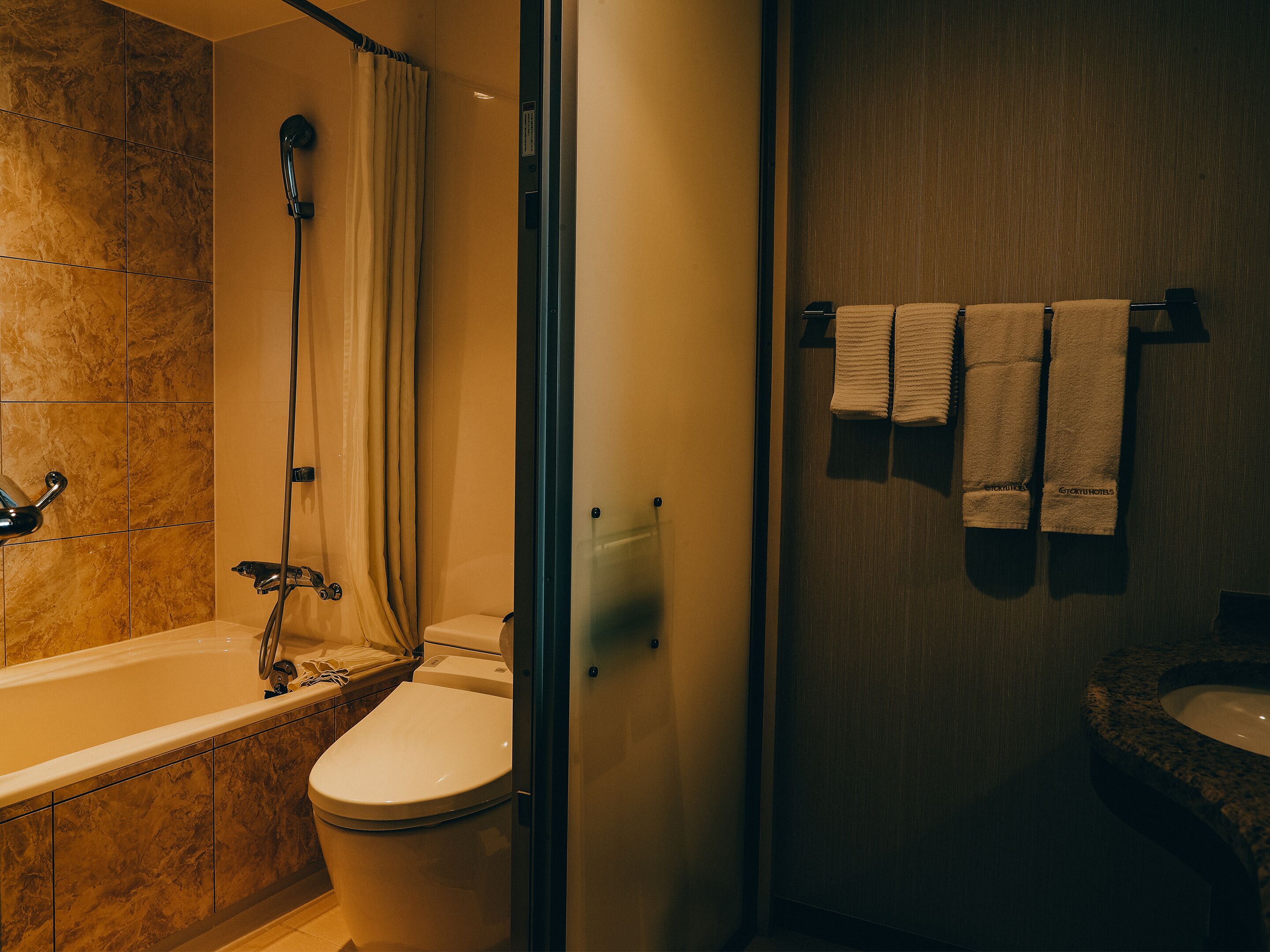 A bathroom with a bathtub, toilet, and shower.