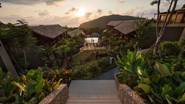 Un resort con una escalera de piedra que conduce a una zona de piscina, rodeado de plantas tropicales y edificios de estilo tradicional.