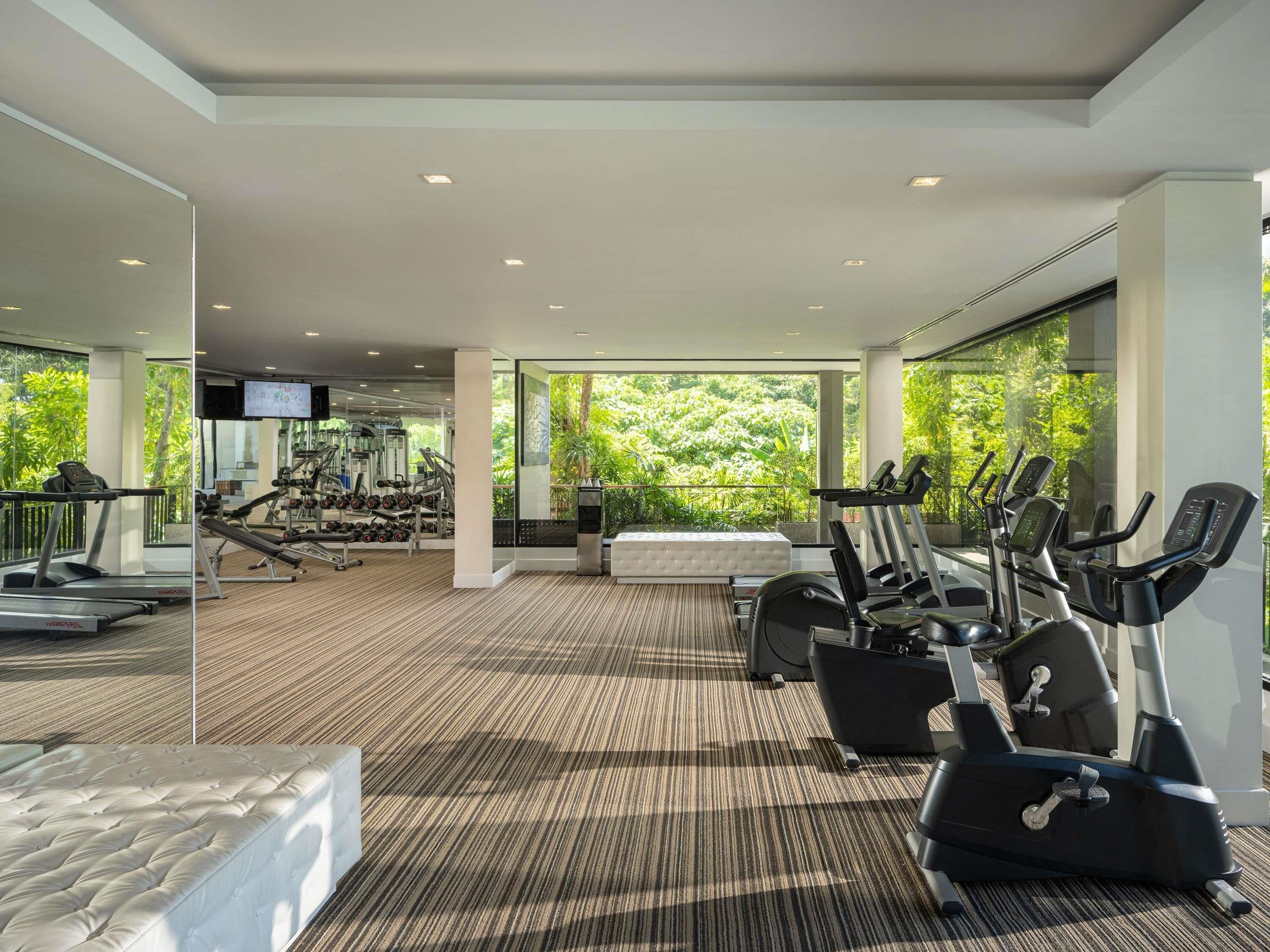 A gym with treadmills, elliptical machines, and weight equipment, large windows with a view of greenery, and a mirrored wall.
