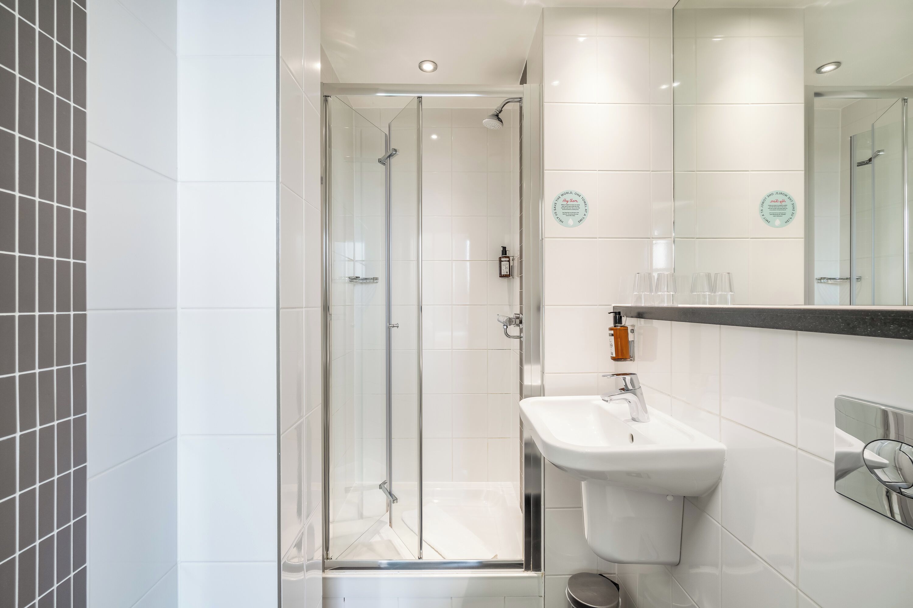 shower, free toiletries, hair dryer, towels