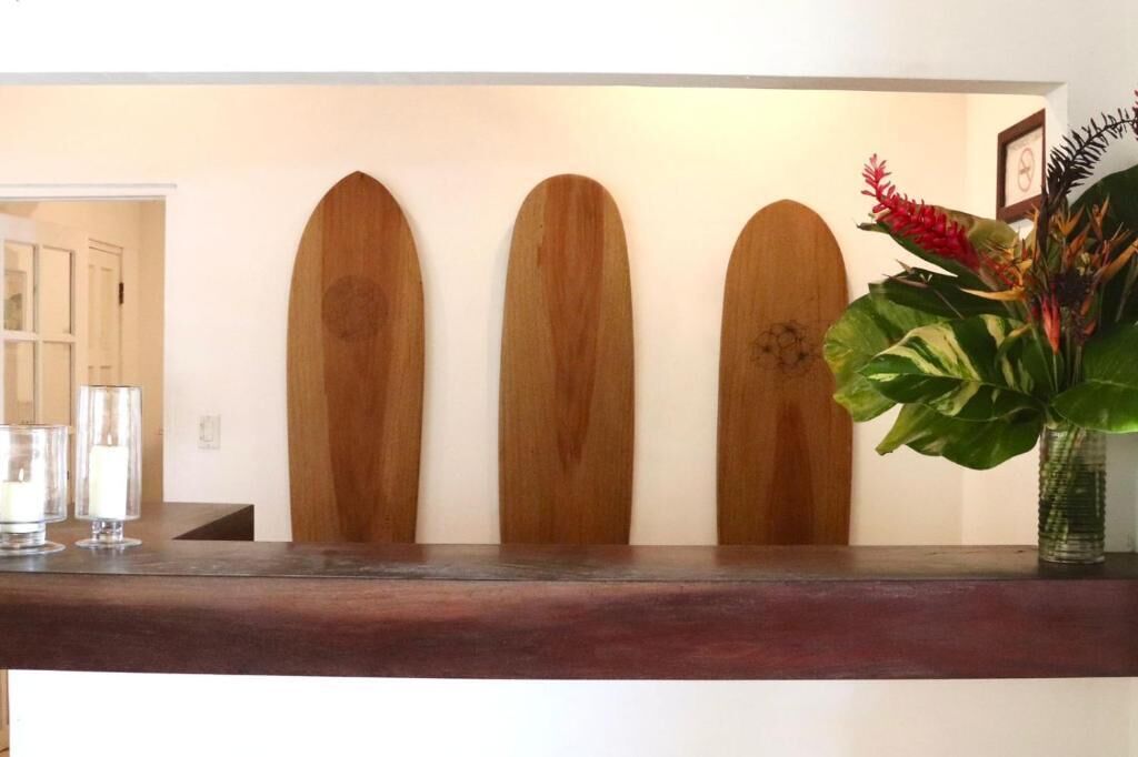 A reception area with a wooden surfboard wall, a dark wooden counter, and a potted plant.