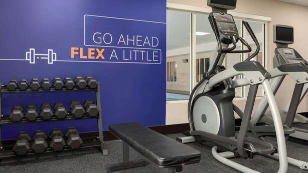 A gym with a blue wall, dumbbells, a bench, and exercise equipment. - Holiday Inn Express Hotel & Suites NORTH FREMONT by IHG (Fremont)