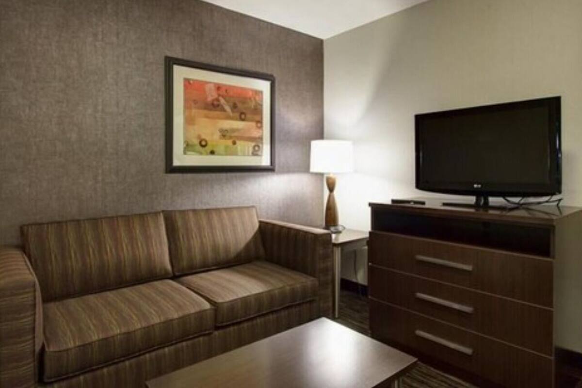 A hotel room with a sofa, a TV, a lamp, and a dresser.